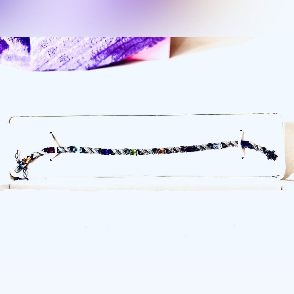 Kohl's Women's SS, Genuine Gemstone & Diamond Bracelet w/safety latch 7 1/4”